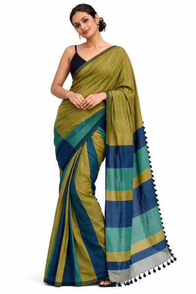 Green Women's Hand Weaving Pure Cotton Saree From Bengal