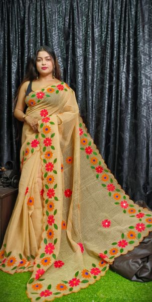 Cream Flower Design Pure Handloom Resham Kota Saree