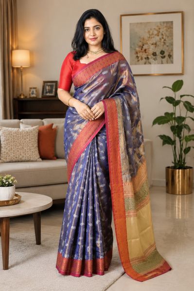 Royal Blue Pure Handloom Tissue Cotton Saree From Bengal