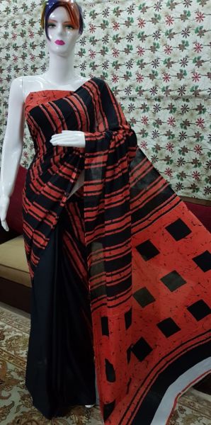 Black And Orange Bagru Block Print Cotton Mulmul Saree From Rajasthan