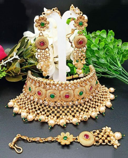 Bridal Choker Brass Material Set High Gold Finish Stone 