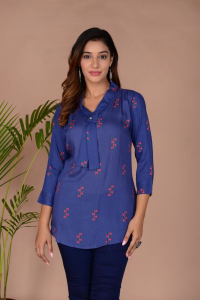 Navy Blue Printed Cotton Top