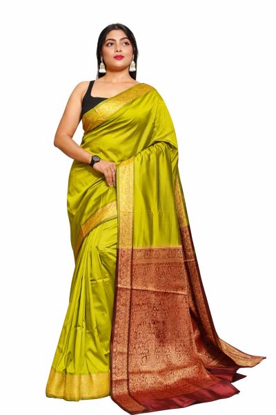 Parrot Green Kashmiri Pashmina Silk Saree From Bengal