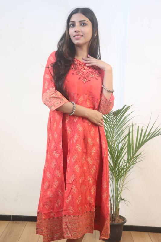 Red Pure Handloom Printed Cotton Kurti