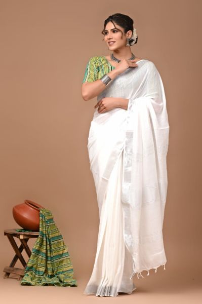 White Linen By Linen Pure Handloom Saree From Bengal