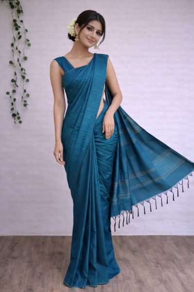 Sea Blue Kantha stitch Silk saree With Dobi Weaving Design Saree From Bhagalpur