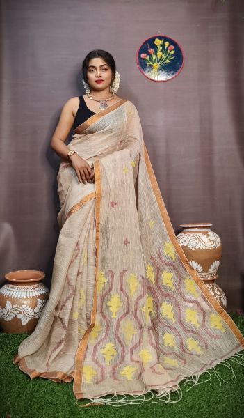 Beige Pure Handloom Linen By Linen Saree From Bengal