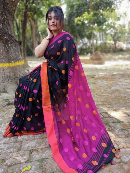Black Orange Pink Ball Cotton Saree From Bengal