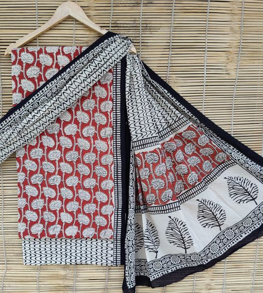Black White Red Hand Block Printed Cotton Suit And Pant And Dupatta