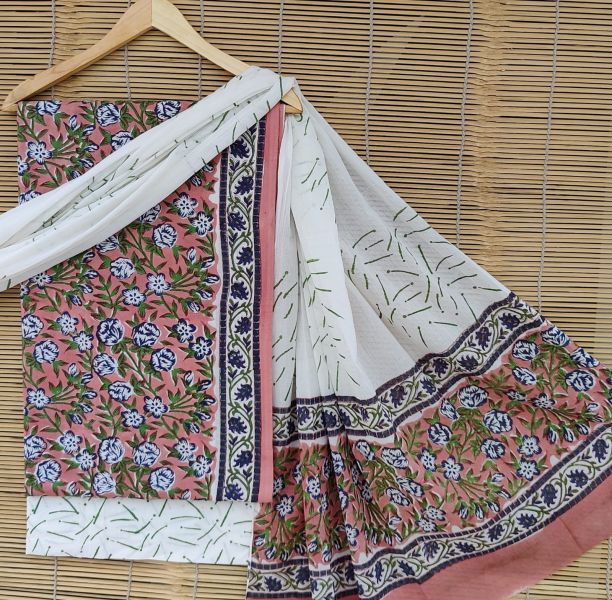White Peach Hand Block Printed Cotton Suit And Pant And Dupatta