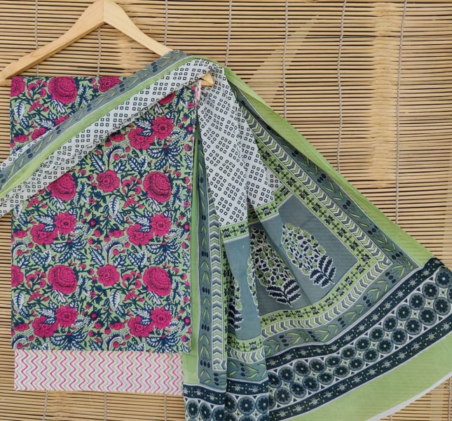 Multicolor Hand Block Printed Cotton Suit And Pant And Dupatta