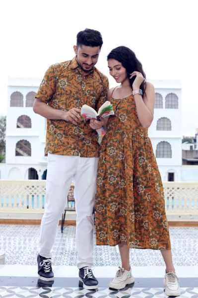 Orange Traditional Bagru Hand Block Printed Cotton One Piece Combo