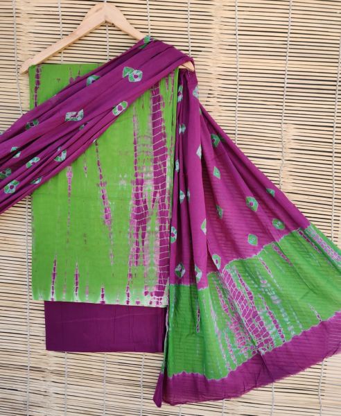 Purple Green Hand Block Printed Cotton Suit And Pant And Dupatta