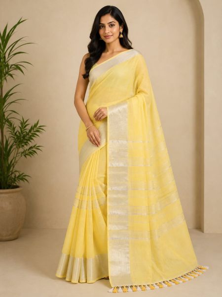 Yellow Pure Handloom Linen By Linen Saree From Bengal