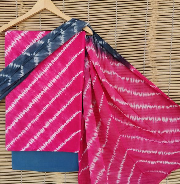 Magenta White Blue Hand Block Printed Cotton Suit And Pant And Dupatta