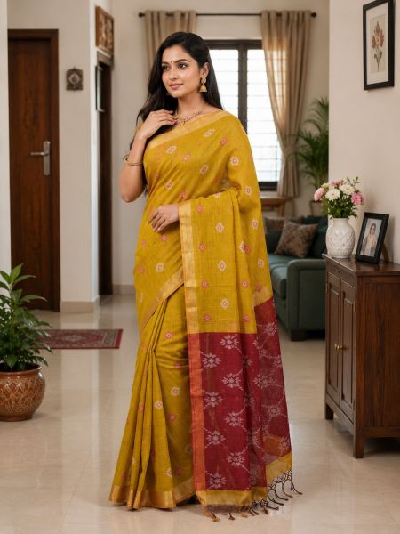 Mustard Yellow Pure Handloom Linen By Linen Saree From Bengal