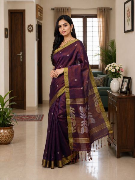 Bright Purple Pure Handloom Linen By Linen Saree From Bengal