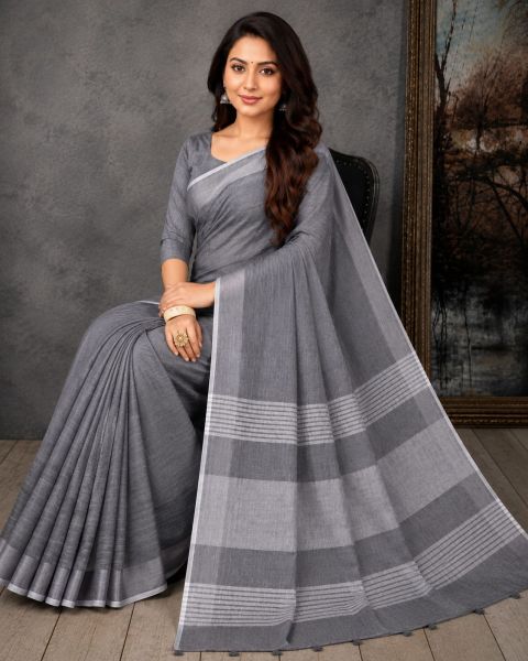 Gray Pure Handloom Linen By Linen Saree From Bengal