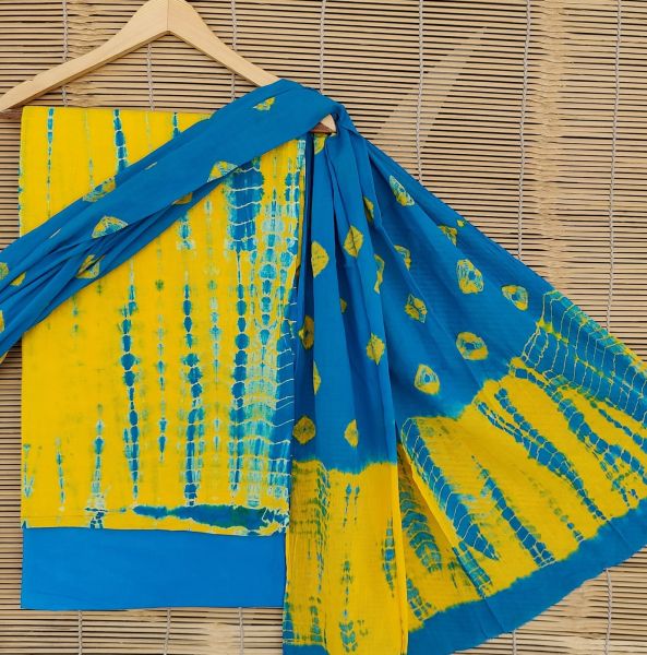 Yellow Blue Hand Block Printed Cotton Suit And Pant And Dupatta