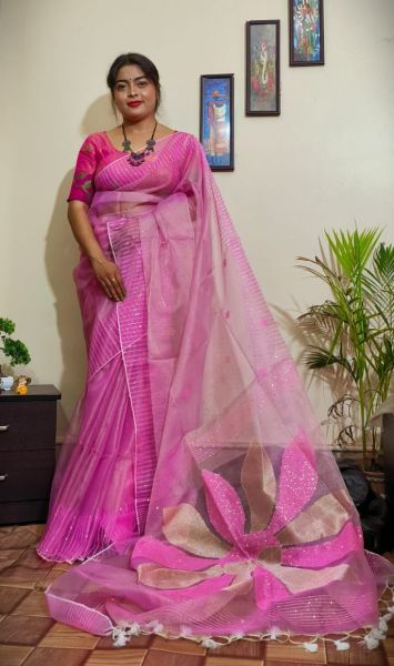 Baby Pink Tissue Muslin Resham Flower Design Saree