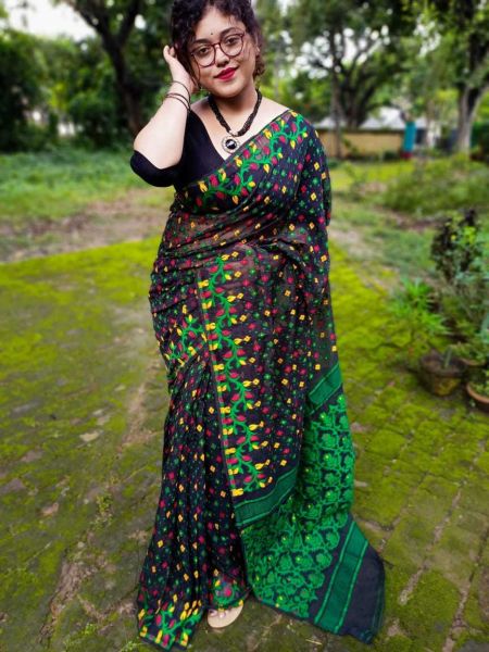 Black Green Buti Resome Dhakai Jamdani Saree From Bengal