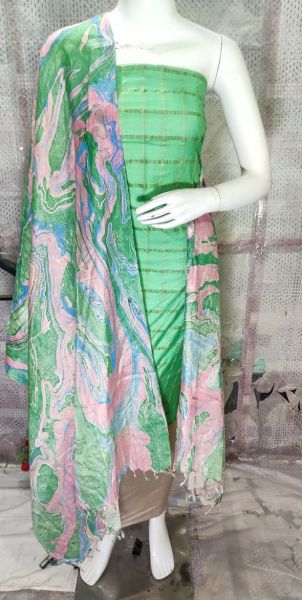 Pale Teal Katan Silk Suit Material With Multi Color Pure Silk Kela Resham Marble Print Dupatta