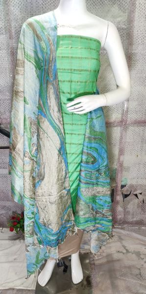 Pale Teal Katan Silk Suit Material With Pure Silk Kela Resham Marble Print Dupatta