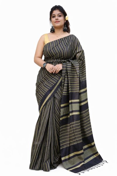 Black Bapta Tussar Silk Pure Handloom Saree From Bengal