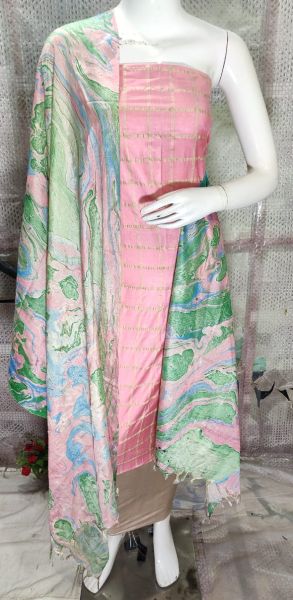 Faded Pink Katan Silk Suit Material With Pure Silk Kela Resham Marble Print Dupatta