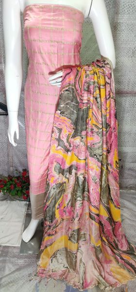 Rose Pink Katan Silk Suit Material With Multi Color Pure Silk Kela Resham Marble Print Dupatta