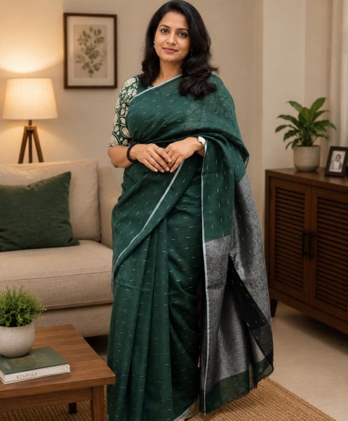 Bottle Green Pure Handloom Linen By Linen Saree From Bengal