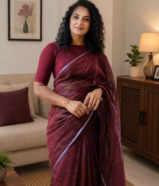Maroon Pure Handloom Linen By Linen Saree From Bengal