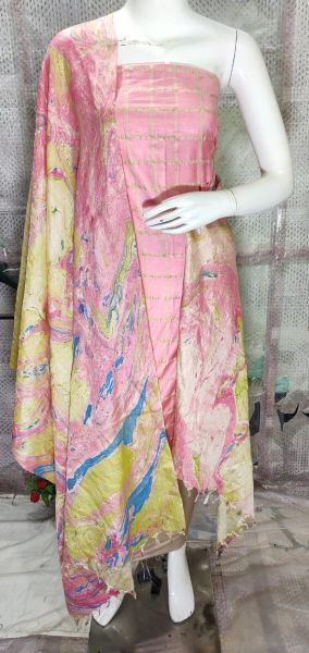 Rose Pink Katan Silk Suit Material With Pure Silk Kela Resham Marble Print Dupatta