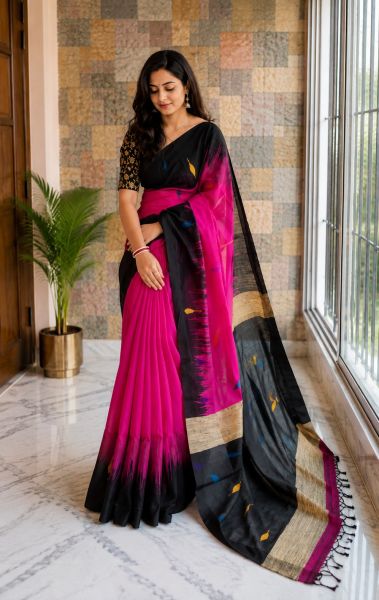 Bright Pink Pure Handloom Ikkat Silk Cotton Saree From Bengal