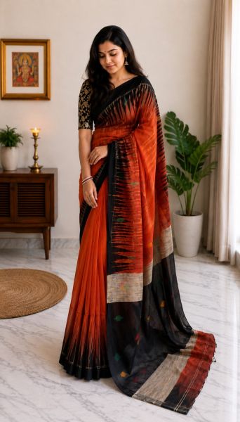 Dark orange Pure Handloom Ikkat Silk Cotton Saree From Bengal