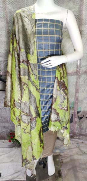 Marble Blue Katan Silk Suit Material With Pure Silk Kela Resham Marble Print Dupatta
