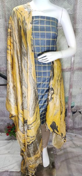 Bluish Grey Katan Silk Suit Material With Multi Color Pure Silk Kela Resham Marble Print Dupatta