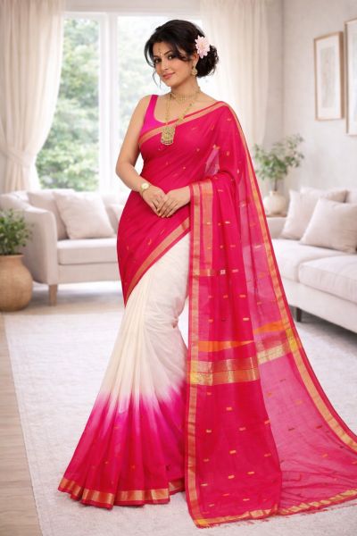 Pink White Ikkat Pure Handloom Silk Cotton From Bengal