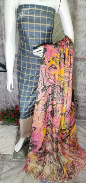 Bluish Grey Katan Silk Suit Material With Pure Silk Kela Resham Marble Print Dupatta