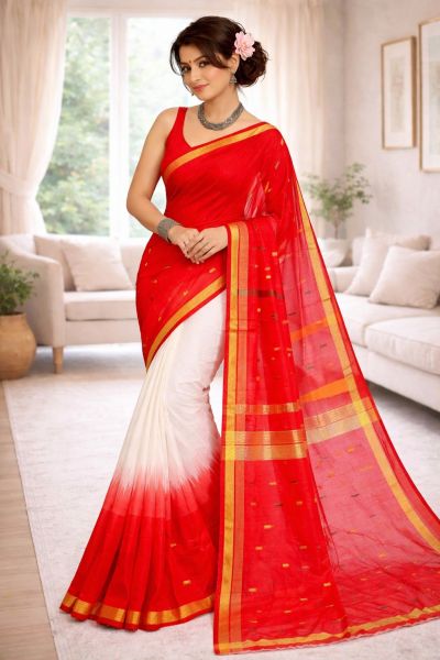 Red White Ikkat Pure Handloom Silk Cotton From Bengal