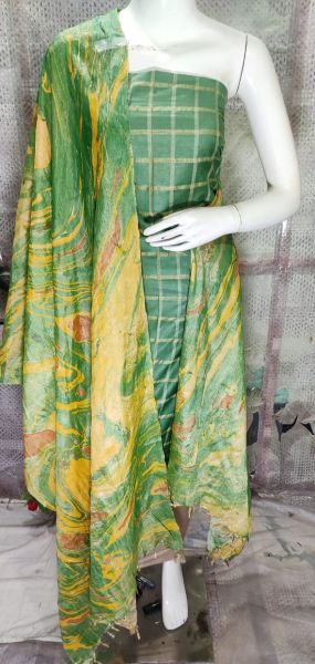 Teal Green Katan Silk Suit Material With Pure Silk Kela Resham Marble Print Dupatta