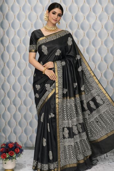 Black Organic Pure Handloom Beautifully Crafted Katan silk Saree From Bhagalpur