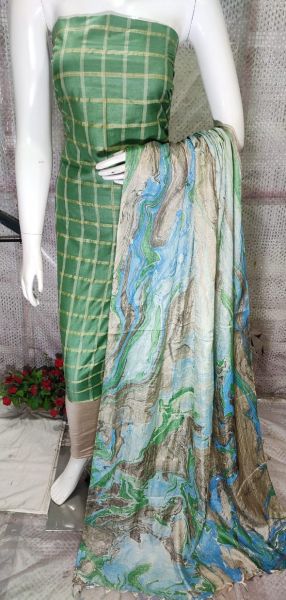 Grey Green Katan Silk Suit Material With Multi Color Pure Silk Kela Resham Marble Print Dupatta