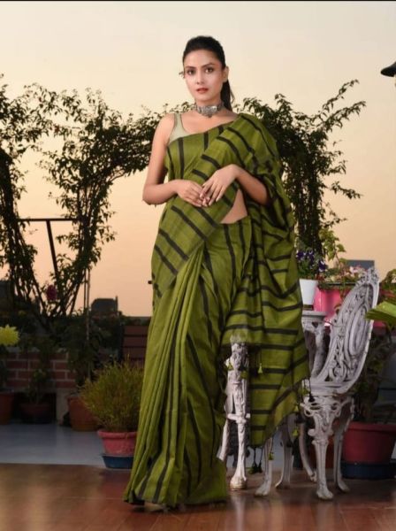 Mehndi Green Stripes Handloom cotton Saree From Bengal