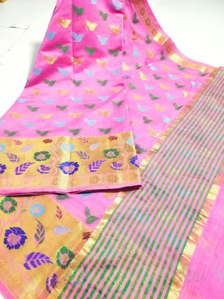 Baby Pink Maheshwari Hand Woven Cotton Silk Saree