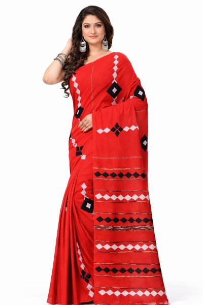 Red Pure Handloom Applied Cotton Saree From Bengal