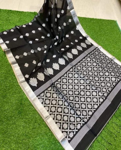 Black Dhakai Jamdani Silk Cotton Flower Design Saree