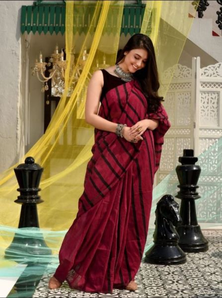 Maroon Stripes Handloom cotton Saree From Bengal