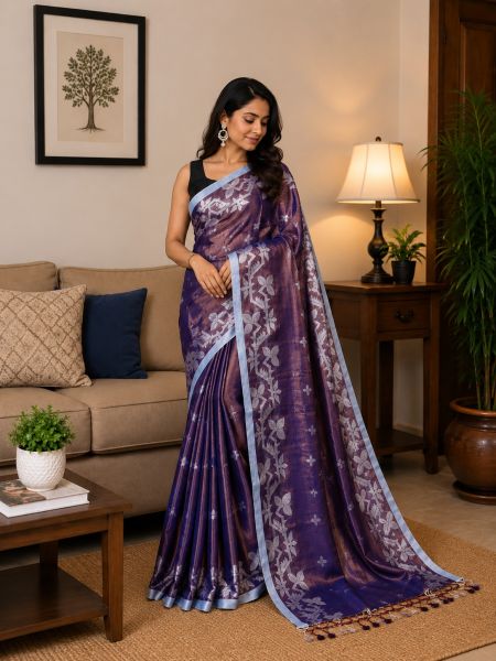 Purple Pure handloom Tissue Cotton Saree From Bengal
