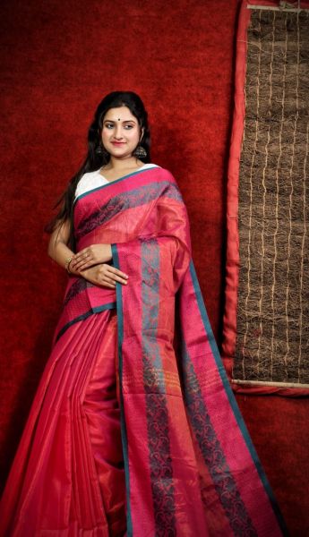 Red Pure Handloom Tissue Cotton Saree From Bengal